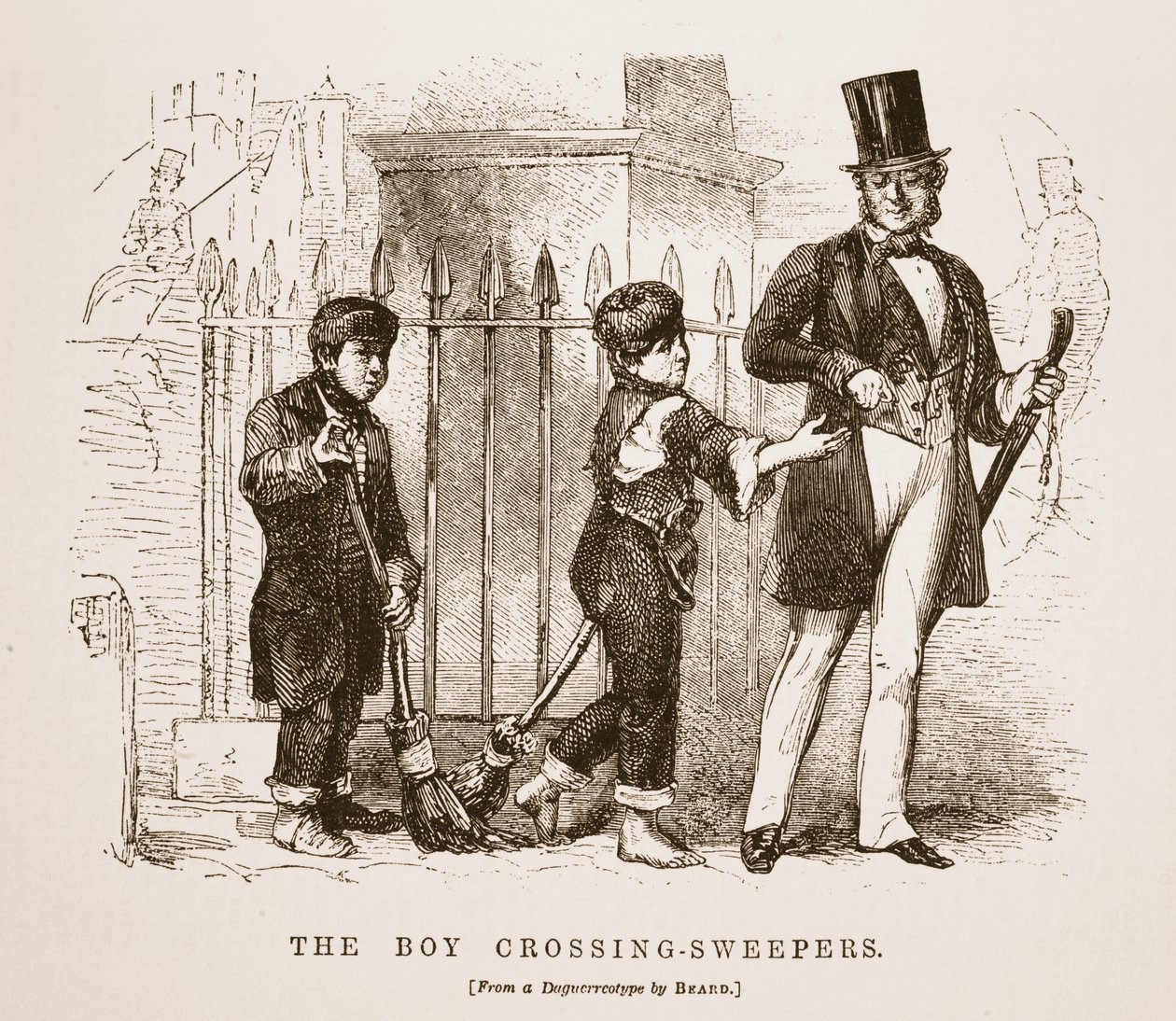 مكنسة الصبي عبور ، من نمط daguerreotype بقلم ريتشارد بيرد ، التوضيح من London Labour و London Poor بواسطة Henry Mayhew ، حانة. 1862 بواسطة مدرسة اللغة الإنجليزية