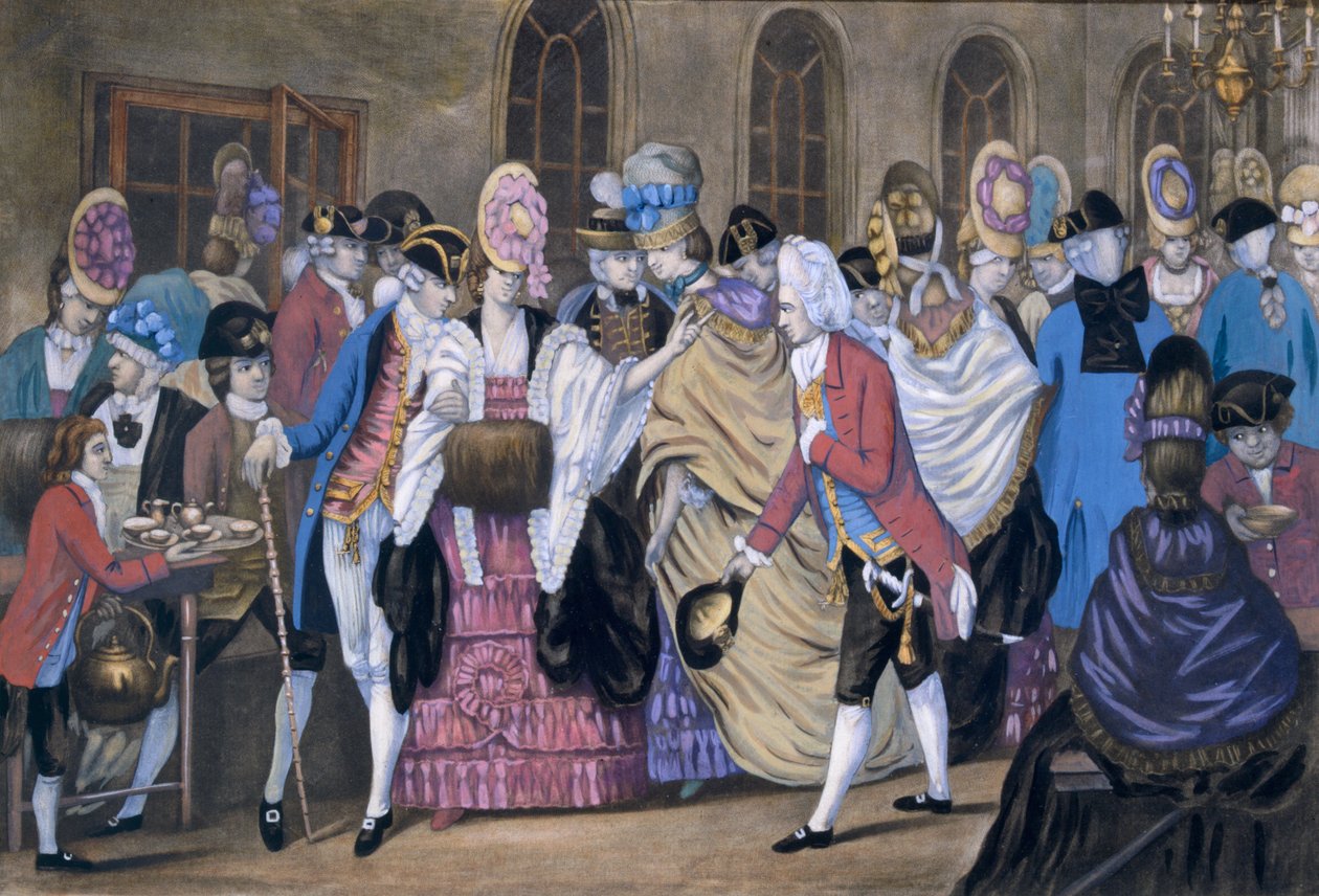 مصنع الخبز والزبدة ، أو دعابة Bagnigge Wells ، حانة. بواسطة Carington Bowles، 1772 99: أسلوب المعكرونة؛ لباس تقليدي؛ لباس تقليدي موضه؛ غلاية؛ أكواب؛ بواسطة مدرسة اللغة الإنجليزية