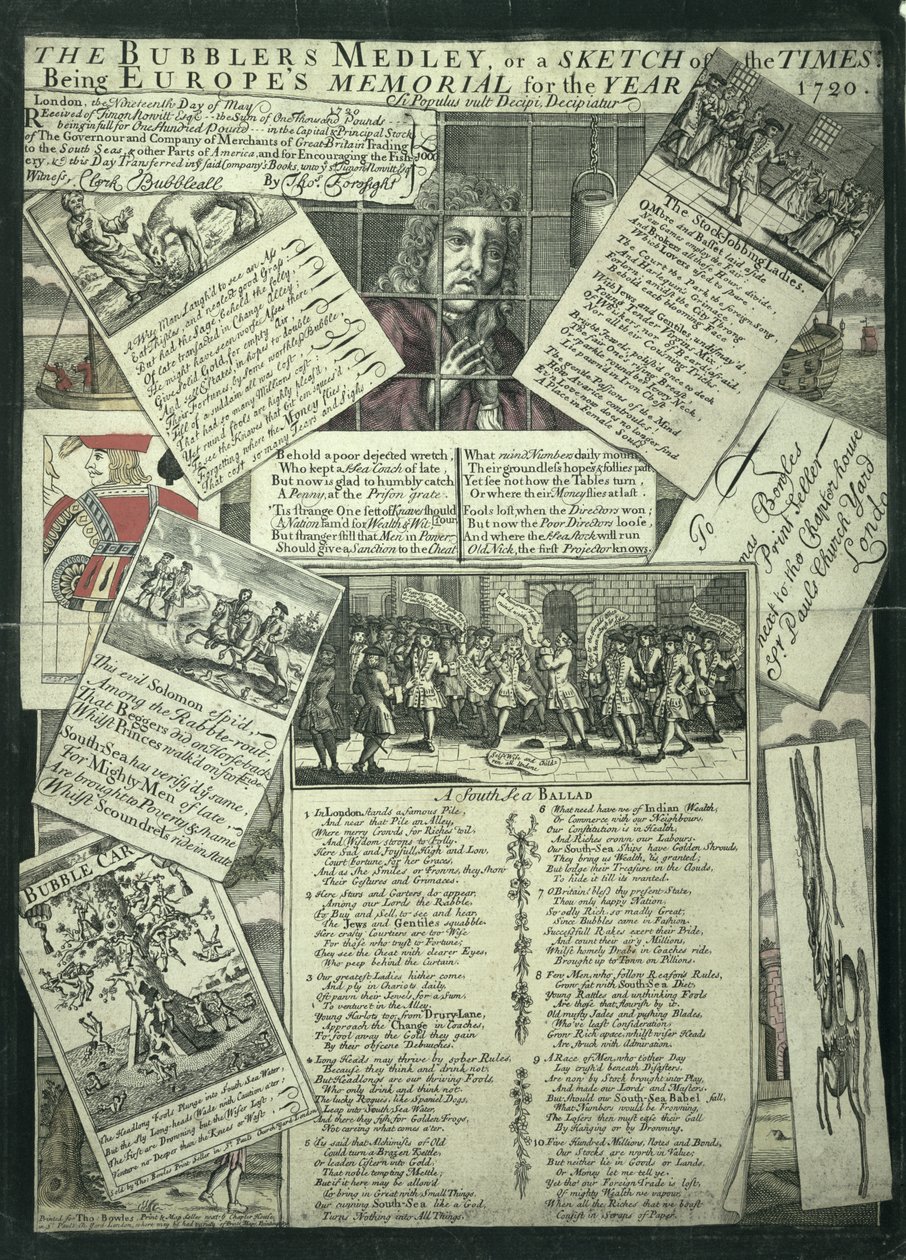 The Bubbler&39;s Medley أو Sketch of the Times هو النصب التذكاري لأوروبا لعام 1720 ، نقش ساخر بواسطة مدرسة اللغة الإنجليزية