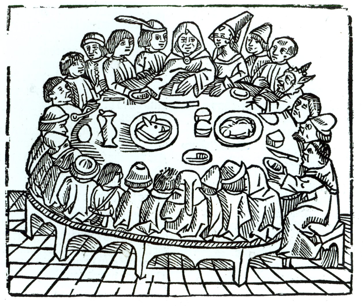 حجاج كانتربري يجلسون لتناول وجبة مشتركة ، رسم توضيحي من جيفري تشوسر (c.1345-1400) "حكايات كانتربري" ، طبعه وينكين دي وورد ، c.1485 بواسطة مدرسة اللغة الإنجليزية