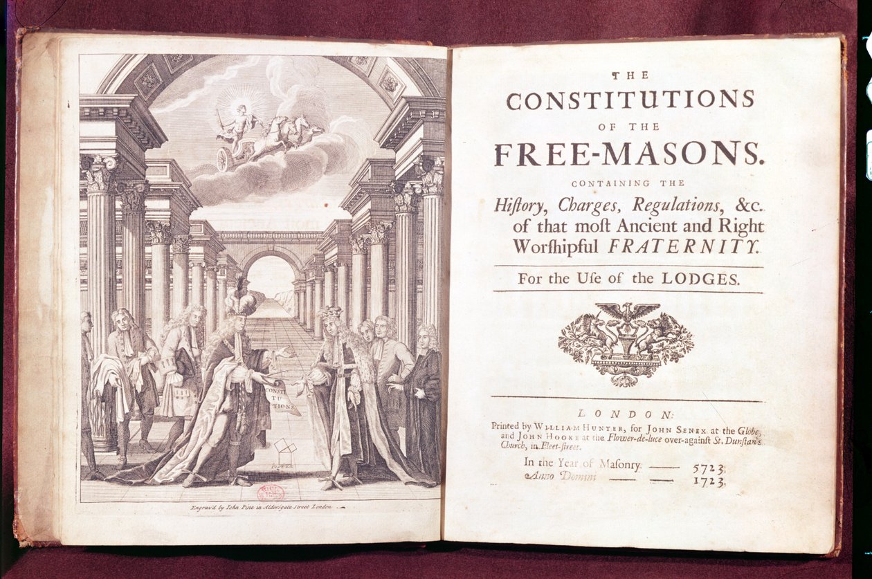 `دساتير الماسونيين للدكتور جيمس أندرسون (c.1680-1739) المنشورة في لندن 1723 بواسطة مدرسة اللغة الإنجليزية