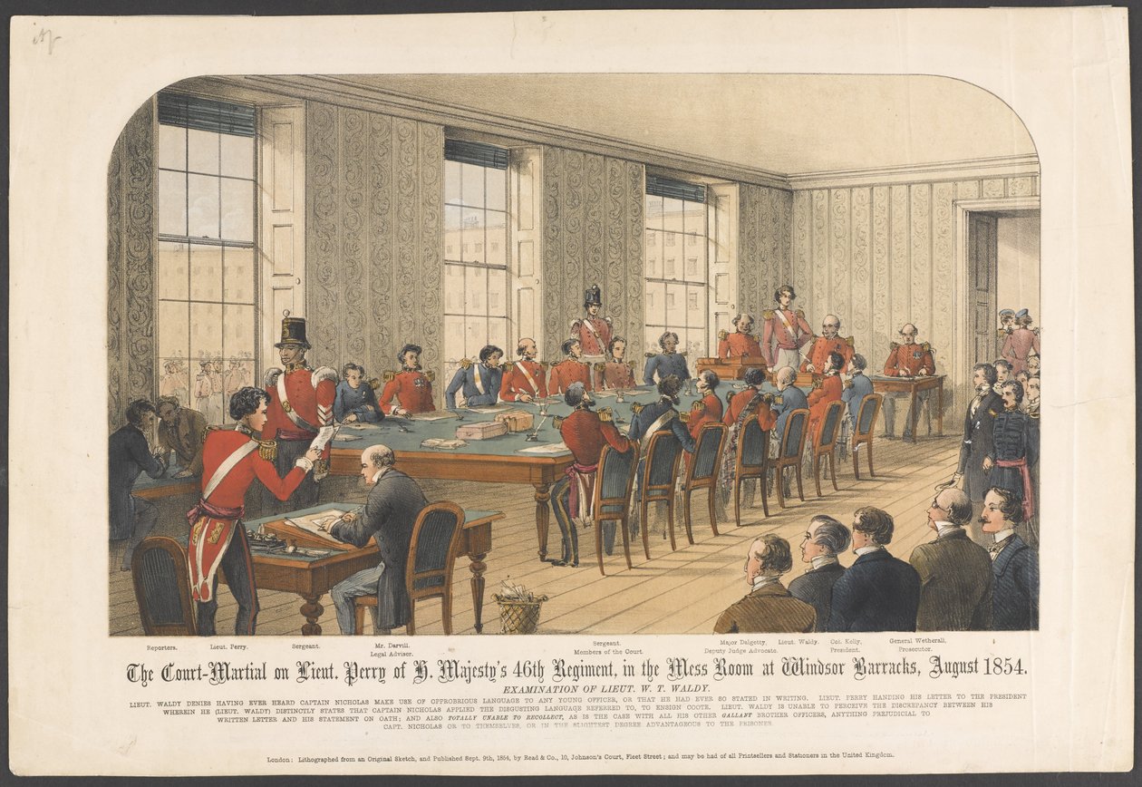 المحكمة العسكرية للملازم أول. الفوج 46 لـ Perry of H. Majesty ، في غرفة الطعام في Windsor Barracks ، أغسطس 1854 (لون ليثو) بواسطة مدرسة اللغة الإنجليزية