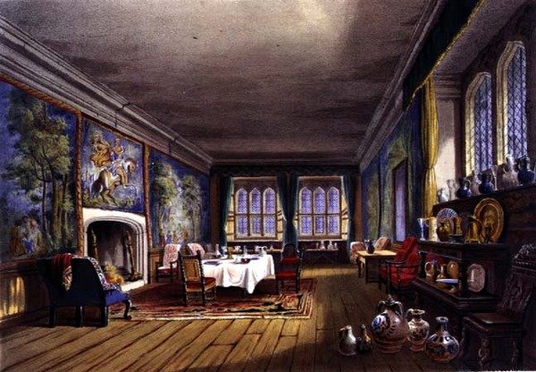 غرفة الطعام ، منزل Cotehele ، حوالي 1830-40 (لون ليثو) بواسطة مدرسة اللغة الإنجليزية