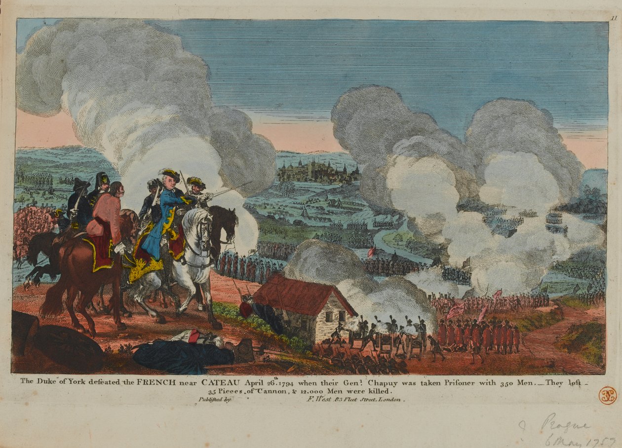 دوق يورك (1763-1827) هزم الفرنسيين بالقرب من كاتو ، 26 أبريل 1794 ، من مجموعة مشاهد حرب سبع سنوات نشرها F. West ، 1834 بواسطة مدرسة اللغة الإنجليزية
