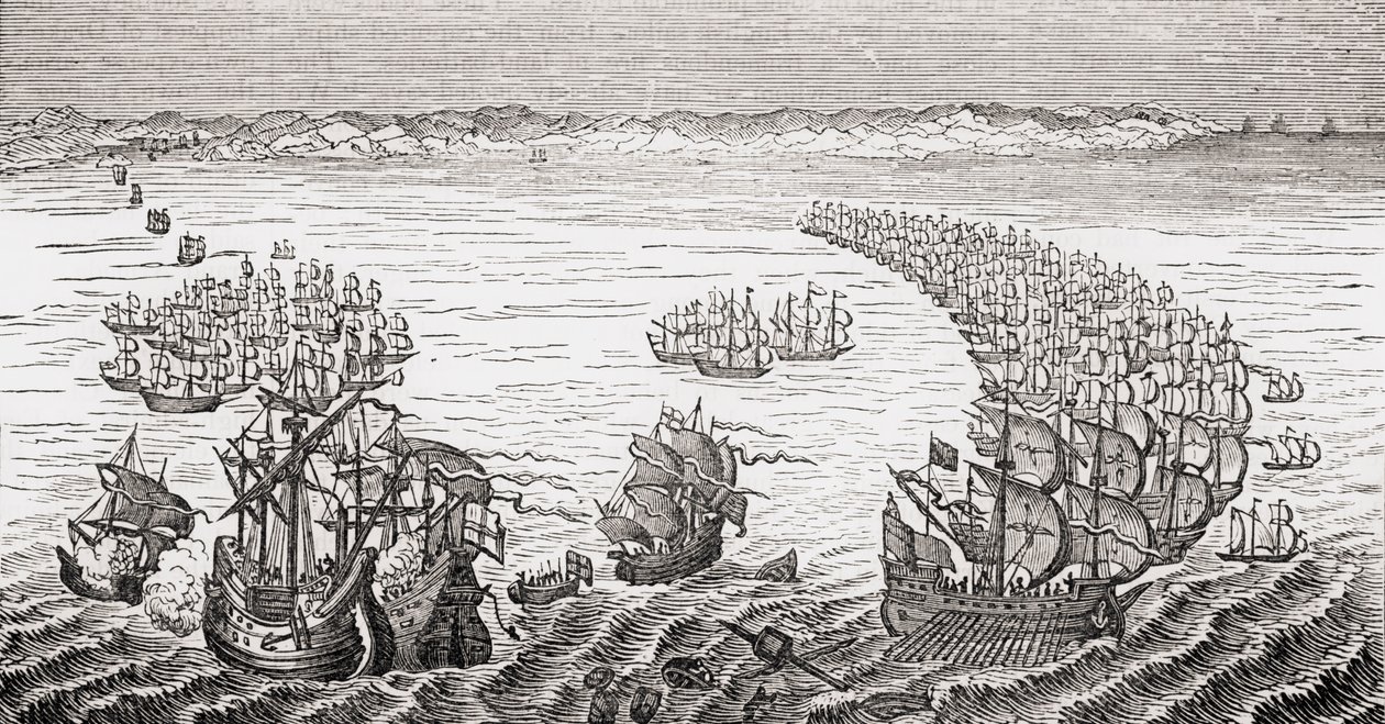 الأسطول الإنجليزي ، بقيادة السير فرانسيس دريك ، مهاجمة أرمادا الإسبانية في عام 1588 ، من `` إنجازات إنجلترا القديمة &39;&39; التي كتبها اللورد بروغام وآخرون ، تم نشر لندن ، c.1880s بواسطة مدرسة اللغة الإنجليزية