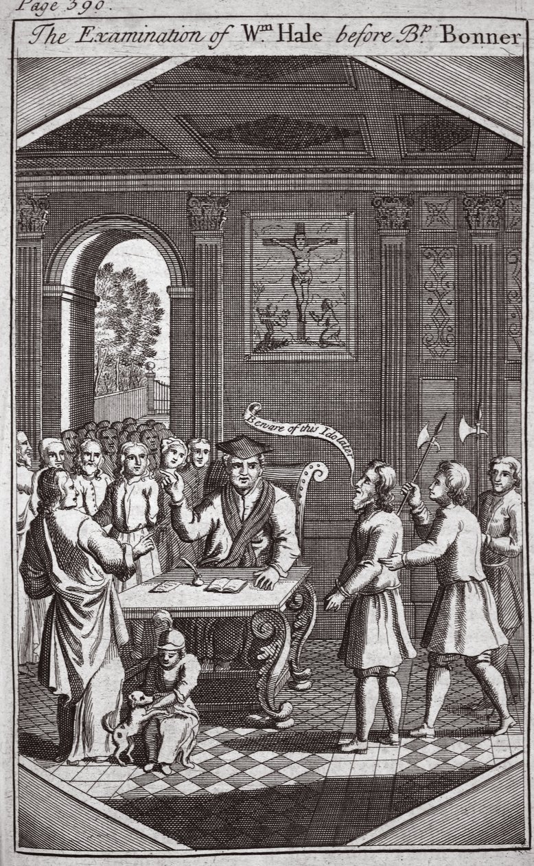 فحص Wm Hale قبل المطران Bonner ، توضيح من شهداء Foxes c.1703 بواسطة مدرسة اللغة الإنجليزية