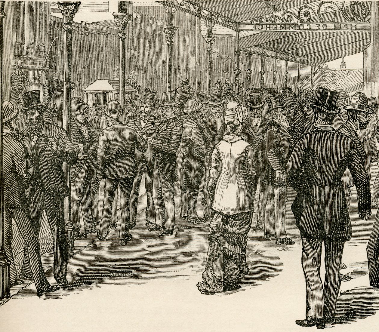 التبادل في قاعة التجارة ، شارع كولينز ، ملبورن ، من "سكان العالم" بقلم جي تي بيتاني ، نشر عام 1888 (النقش) بواسطة مدرسة اللغة الإنجليزية