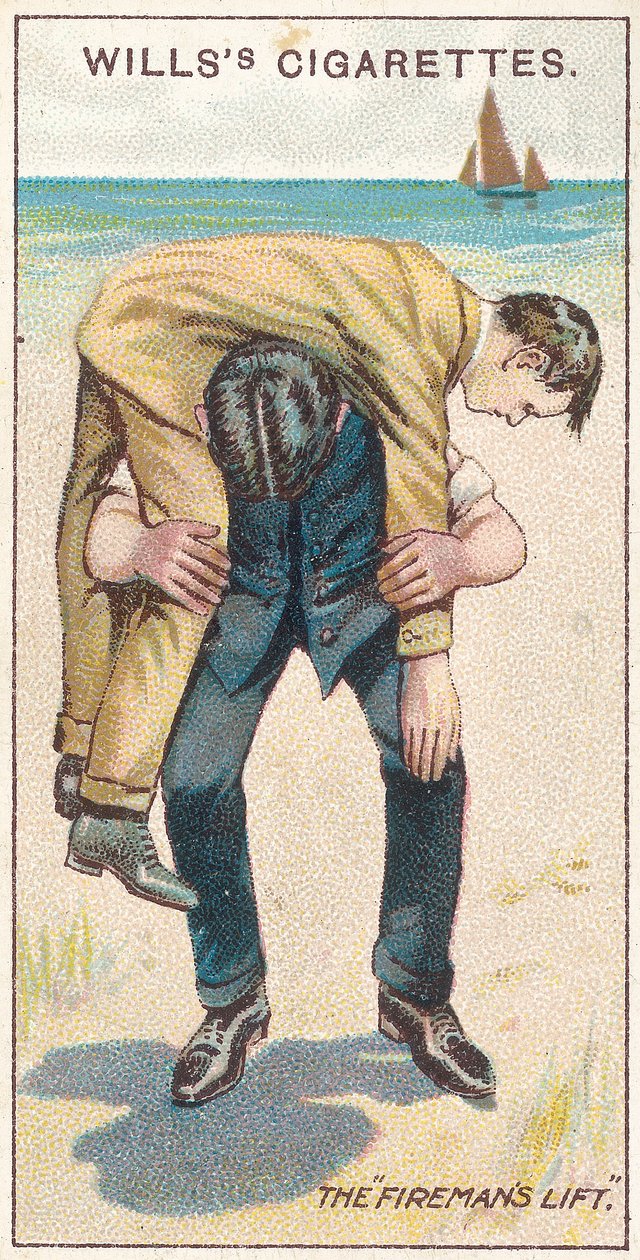 The Firemans Lift No.1، no.18 من سلسلة الإسعافات الأولية لبطاقات السجائر من ويلز ، 1913 بواسطة مدرسة اللغة الإنجليزية