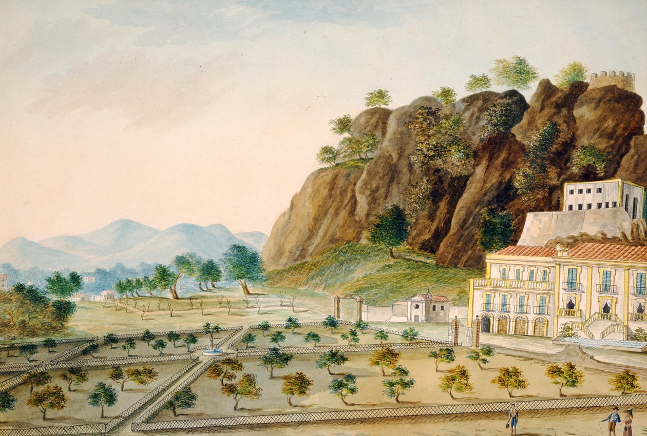 الحديقة الرسمية في La Favorita أو Palazzo Cinese ، باليرمو ، المصممة للملك فرناندو الرابع ، c.1815 (مرحاض على ورق) بواسطة مدرسة اللغة الإنجليزية