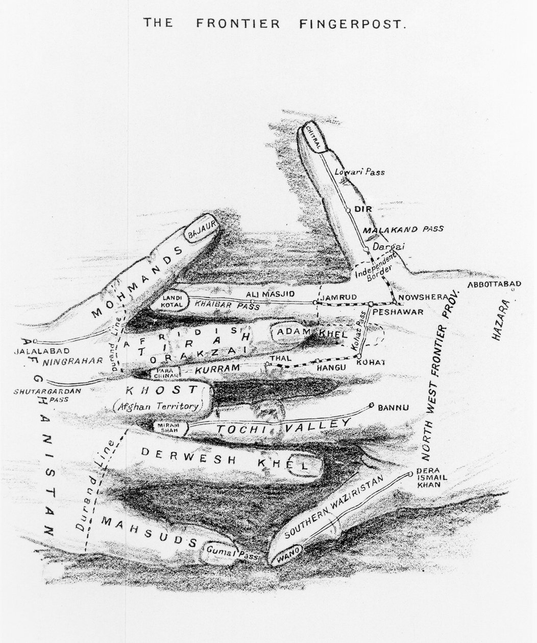 The Frontier Fingerpost التي تحدد الحدود الشمالية الغربية للهند البريطانية ، من Gun-Running والحدود الشمالية الغربية بواسطة Arnold Keppel ، نشر عام 1911 بواسطة مدرسة اللغة الإنجليزية