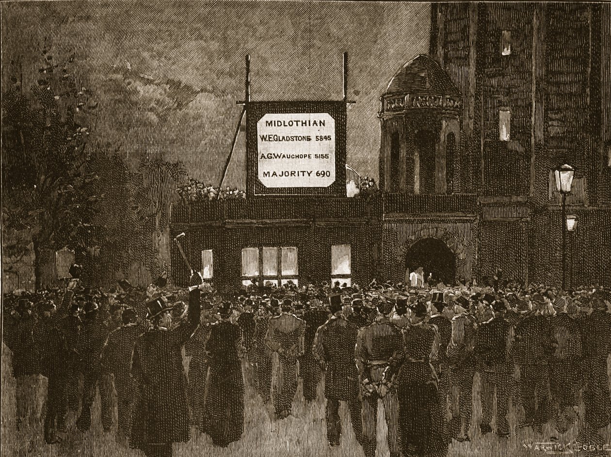 الانتخابات العامة لعام 1892: الإعلان عن النتائج في النادي الليبرالي الوطني ، رسم توضيحي من تاريخ كاسيلس المصور لإنجلترا (صورة بني داكن) بواسطة مدرسة اللغة الإنجليزية