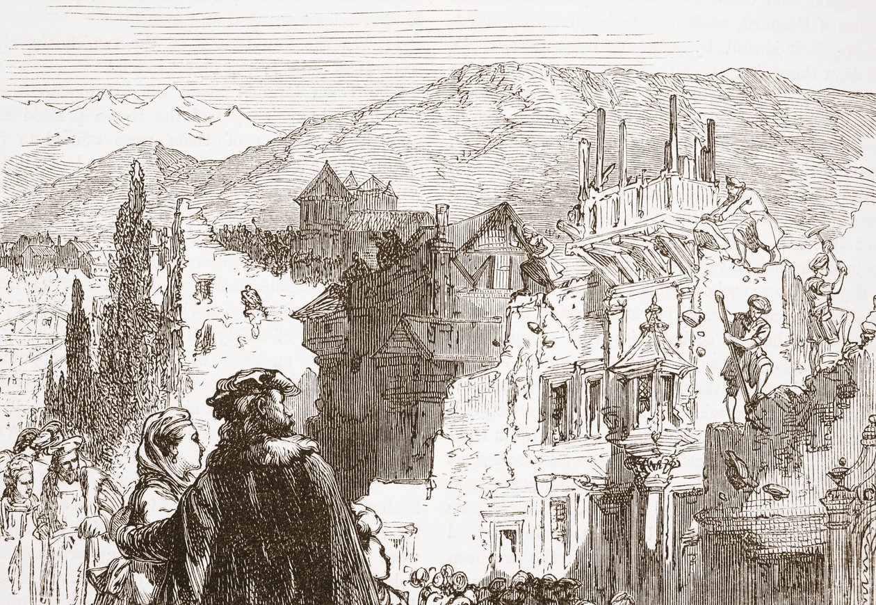 يدمر Genevans ضواحي مدينتهم ، التوضيح من تاريخ البروتستانتية بقلم جيمس أيتكين ويلي (1808-1890) ، حانة. 1878 بواسطة مدرسة اللغة الإنجليزية