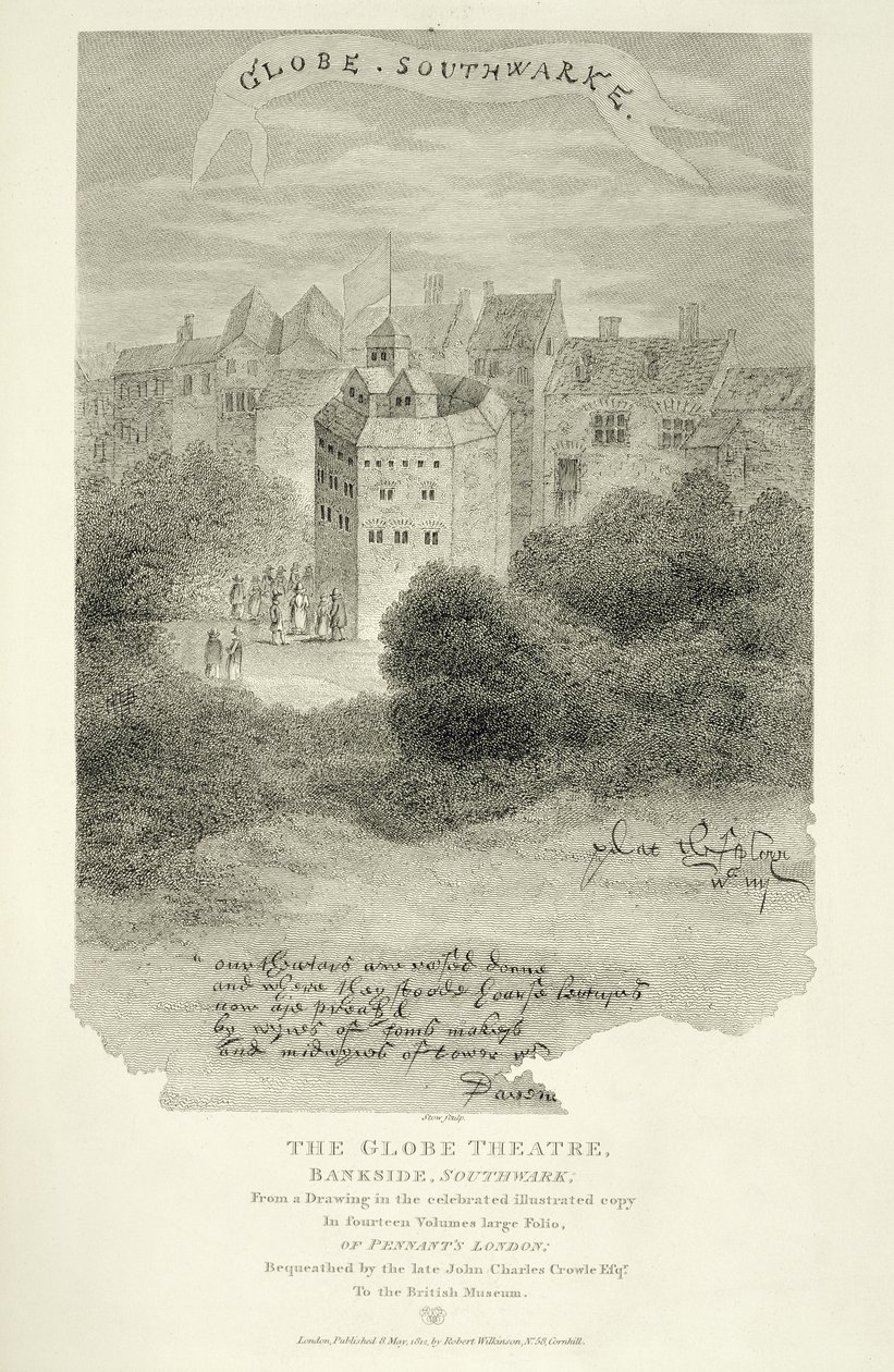 مسرح جلوب ، بانكسايد ، ساوثوارك ، بعد رسم من بينانتس لندن ، نُشر لأول مرة عام 1793 ، نقشه جيمس ستو (c.1770-p.1820) ، نُشر عام 1812 بواسطة مدرسة اللغة الإنجليزية