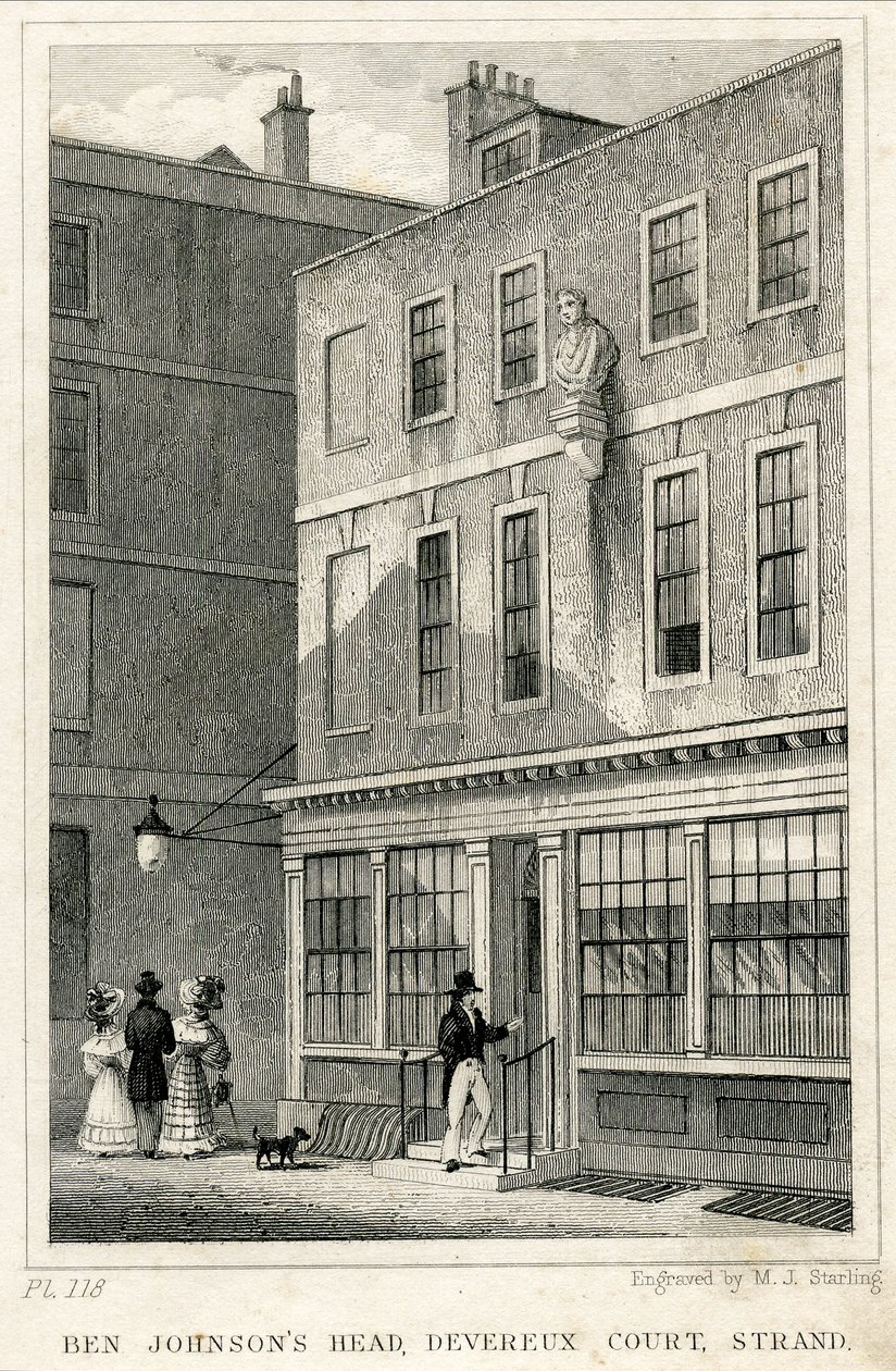 The Grecian Coffee House ، Devereux Court ، Strand ، يضم تمثال نصفي لبن جونسون (نقش) بواسطة مدرسة اللغة الإنجليزية