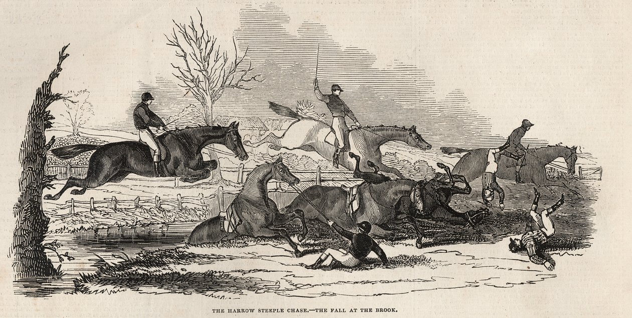 The Harrow Steeple Chase: The Fall at the Brook ، from &39;The Illustrated London News&39; ، 26 أبريل 1845 بواسطة مدرسة اللغة الإنجليزية