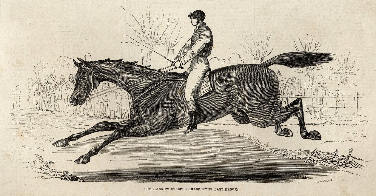 The Harrow Steeple Chase: The Last Brook ، من "The Illustrated London News" ، 26 أبريل 1845 (النقش) بواسطة مدرسة اللغة الإنجليزية