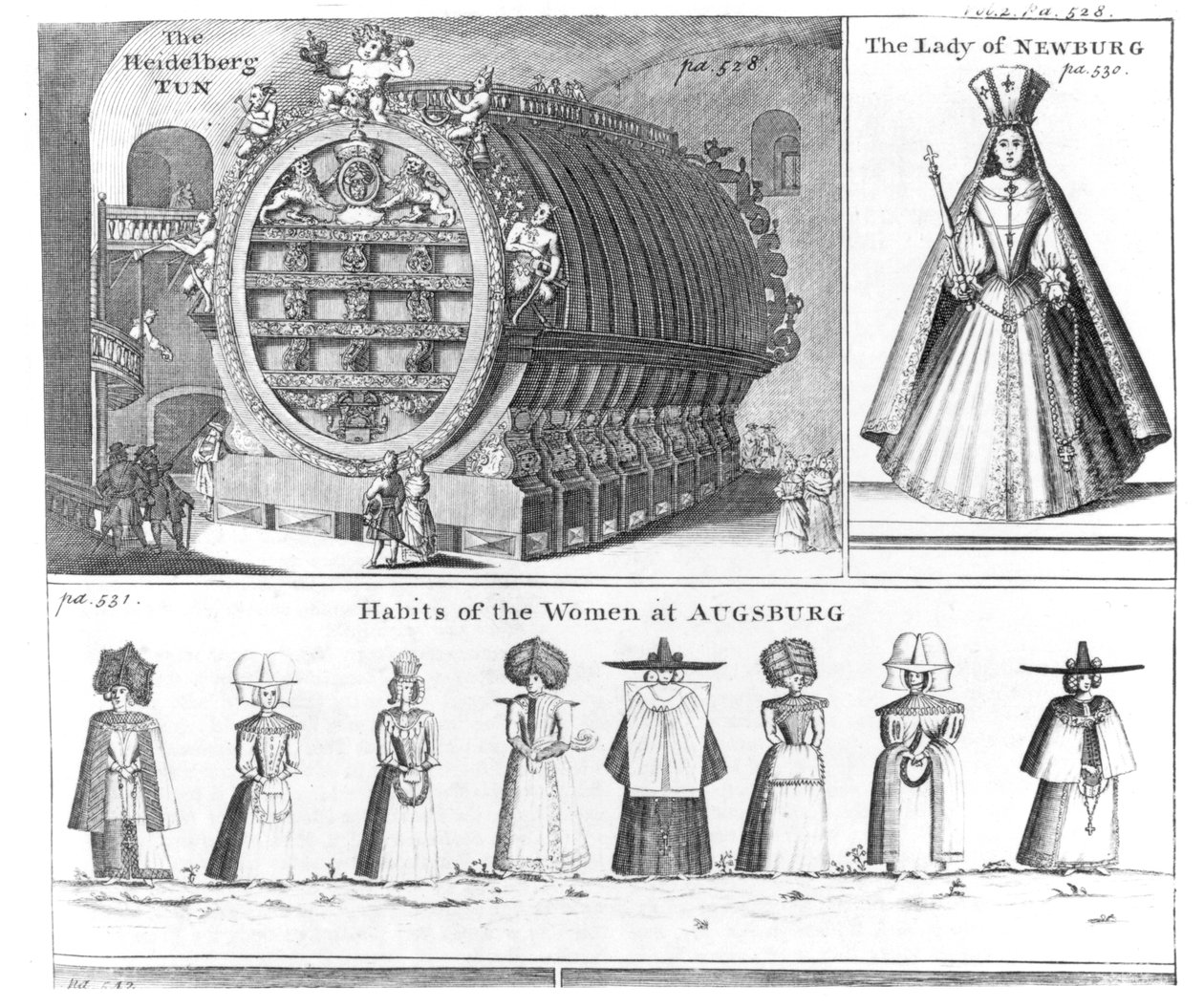The Heidelberg Tun ، سيدة نيوبورغ وعادات نساء أوغسبورغ ، من رحلة ميسونز نوفو ديتالي المنشورة في Navigantium atque Itinerantium Bibliotheca by Harris ، طبعة منقحة ، 174 بواسطة مدرسة اللغة الإنجليزية