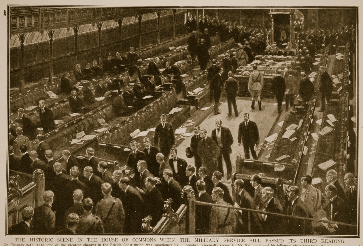 المشهد التاريخي في مجلس العموم عندما مر مشروع قانون الخدمة العسكرية بقراءته الثالثة ، 1914-1919 بواسطة مدرسة اللغة الإنجليزية