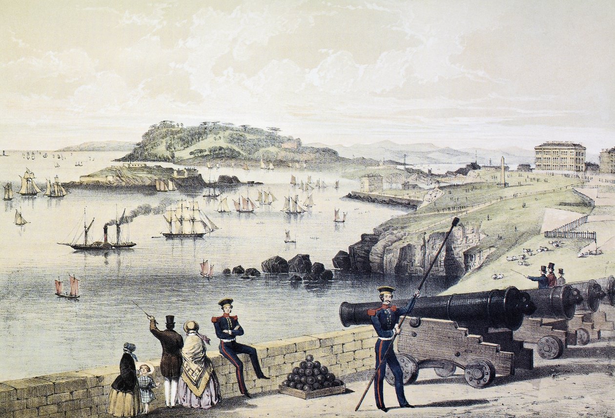 The Hoe و Drakes Island و Mt Edgecumbe من القلعة ، نشرها Newman und Co بواسطة مدرسة اللغة الإنجليزية