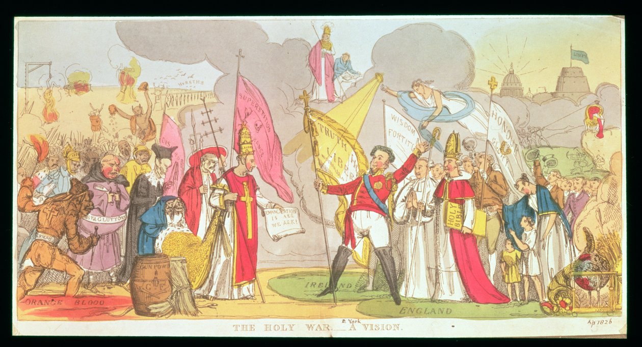 الحرب المقدسة - رؤية ، كاريكاتير ساخر للصراع من أجل التحرر الكاثوليكي في أيرلندا ، 1826 بواسطة مدرسة اللغة الإنجليزية