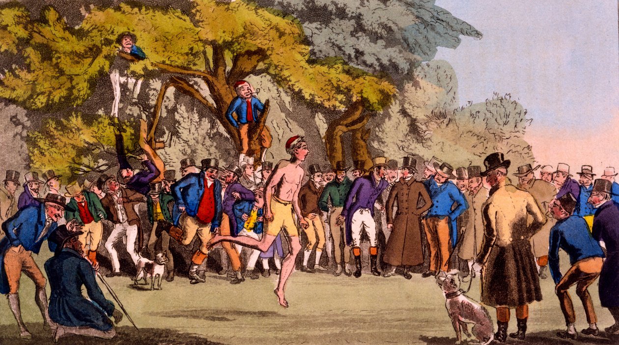نُشرت مباراة القفز على كلافام كومون ، من قصص Egans Sporting ، عام 1827 بواسطة مدرسة اللغة الإنجليزية