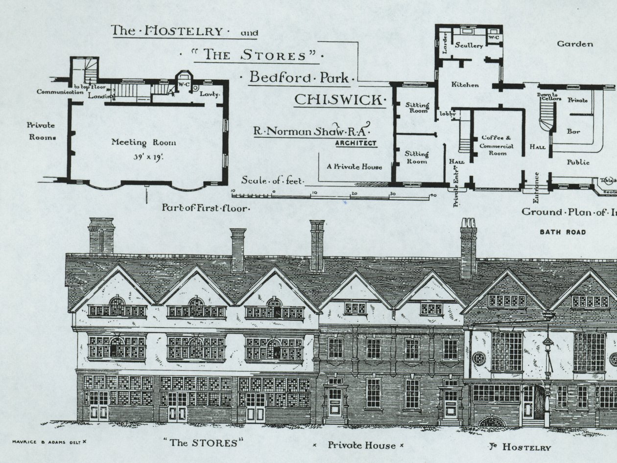 The Hostelry and The Stores ، بيدفورد بارك ، تشيسويك ، من The Building News ، 1877 بواسطة مدرسة اللغة الإنجليزية