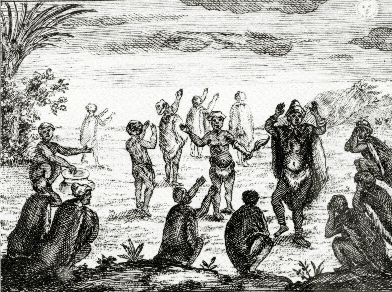 The Hottentots Worship the moon ، التوضيح من "الحالة الحالية لرأس الرجاء الصالح" بقلم بيتر كولب ، نشر 1731 بواسطة مدرسة اللغة الإنجليزية