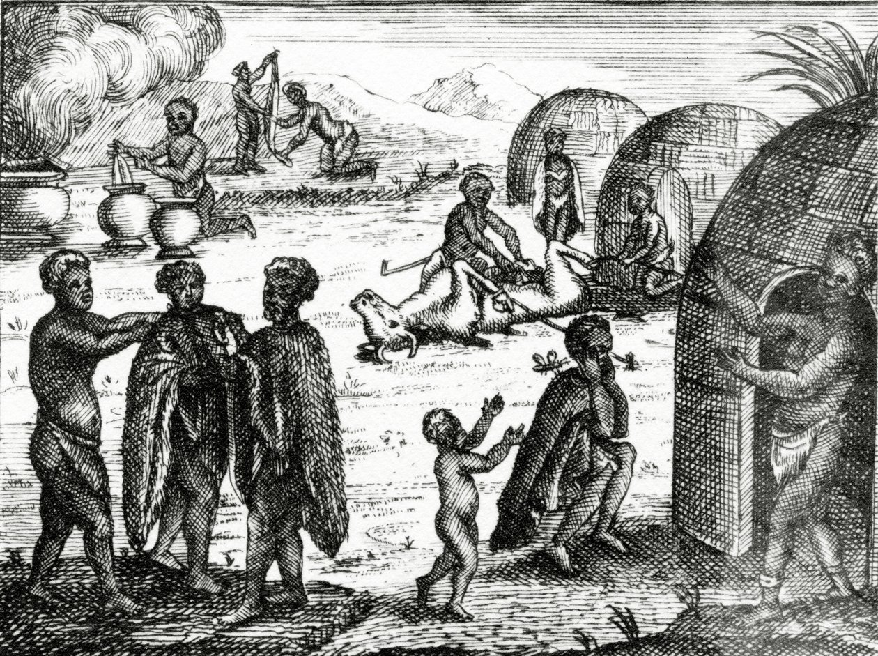 يعشق Hottentots حشرة معينة ، توضيح من "الحالة الحالية لرأس الرجاء الصالح" بقلم بيتر كولب ، نشر 1731 بواسطة مدرسة اللغة الإنجليزية