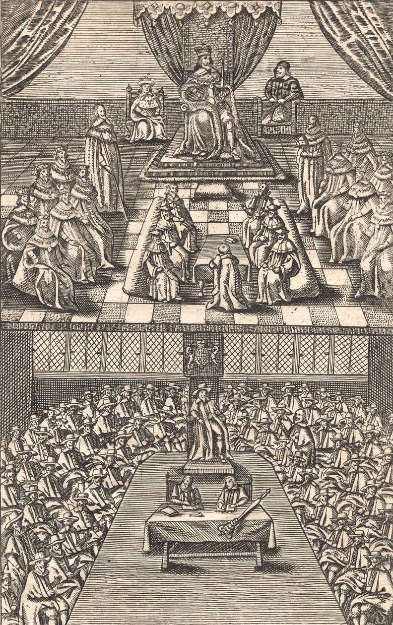 مجلس اللوردات ومجلس العموم في عهد الملك تشارلز الأول ، حوالي عام 1640 (نقش خشبي ملون) بواسطة مدرسة اللغة الإنجليزية