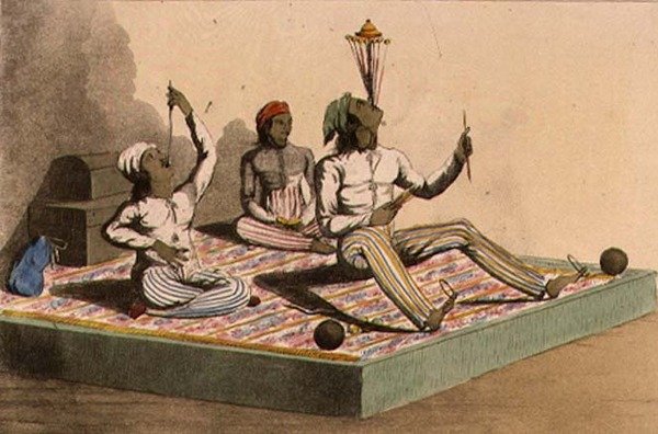 The Indian Jugglers ، أكتوبر 1813 ، من "Ackermann's Repository of Arts" ، تم نشره في 1809-28 (color litho) بواسطة مدرسة اللغة الإنجليزية