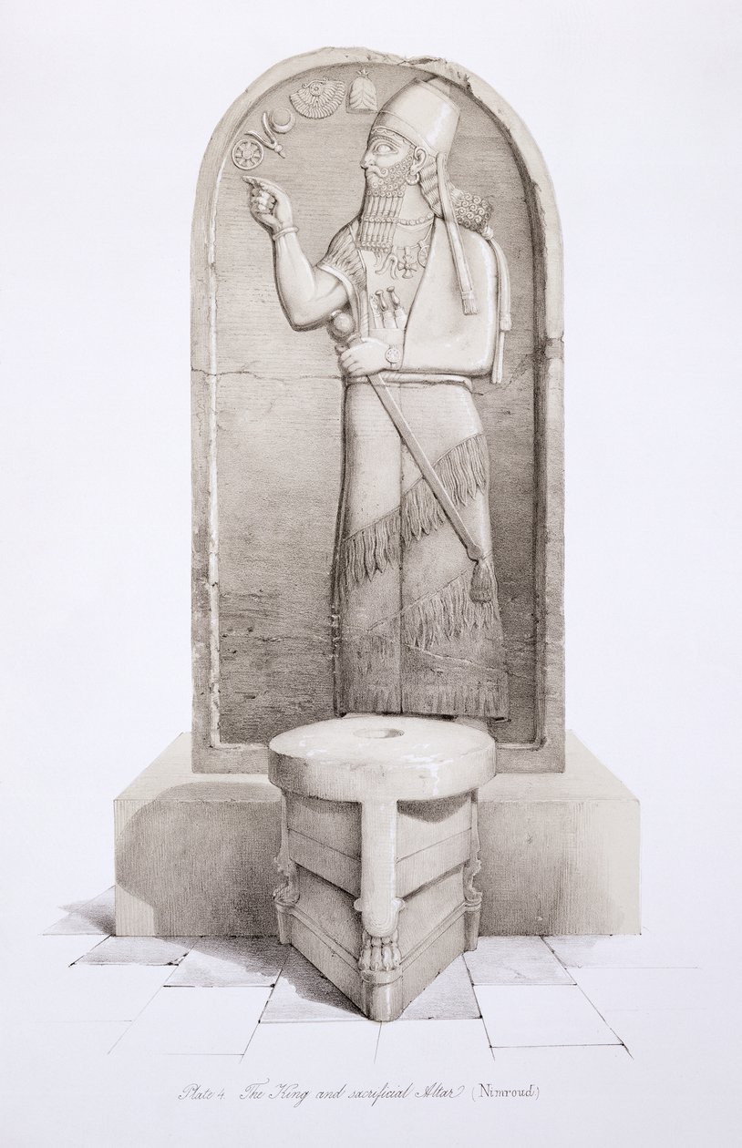 الملك ومذبح القربان ، نمرود ، اللوحة 4 من نينوى وبقاياها أوستن هنري لايارد (1817-1894) نشرت عام 1849 بواسطة مدرسة اللغة الإنجليزية