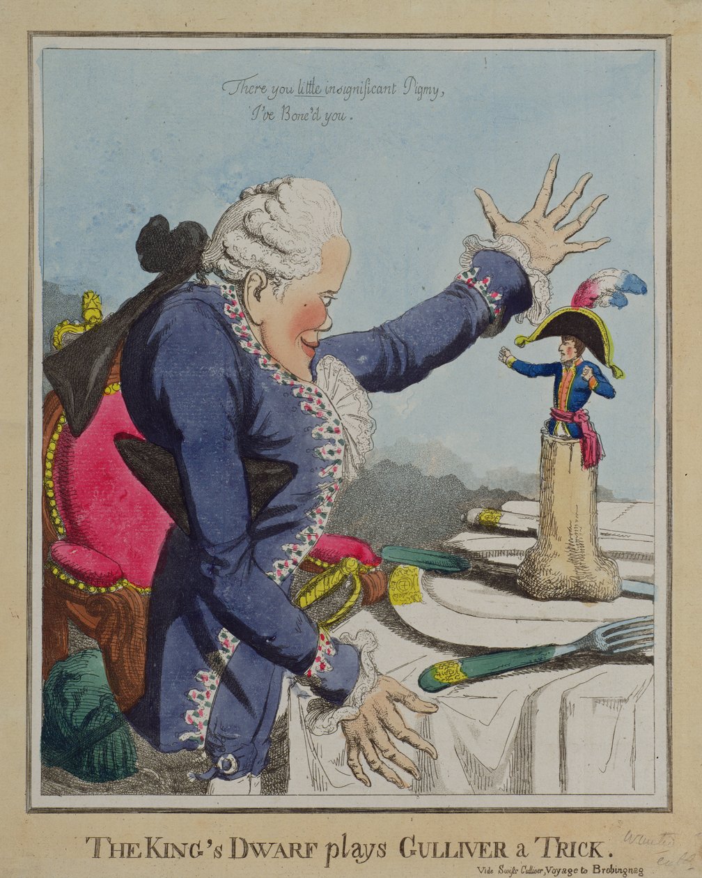 `` The King's Dwarf play Gulliver a Trick '' بقلم ويليامز ، نُشر في 18 أكتوبر 1803 (نقش) بواسطة مدرسة اللغة الإنجليزية