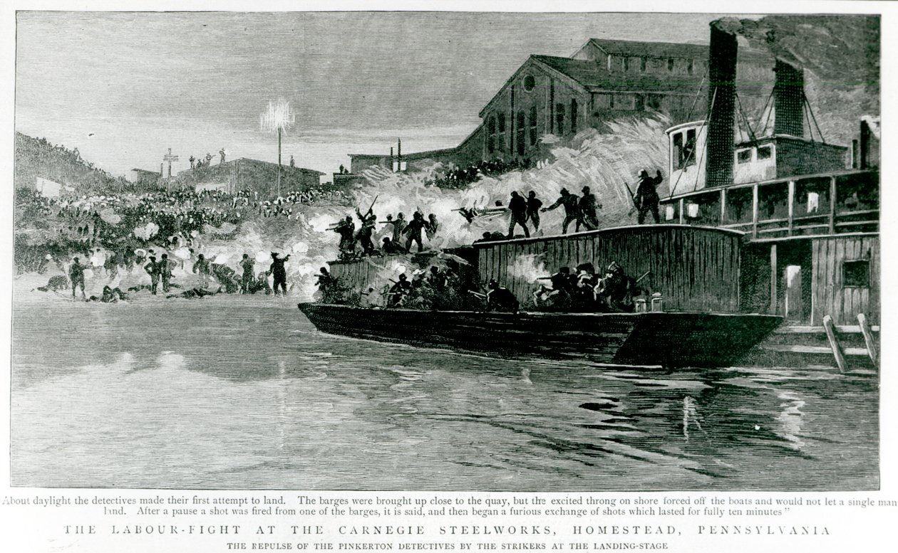 الكفاح العمالي في كارنيجي للصلب ، هومستيد ، بنسلفانيا ، من The Graphic ، 30 يوليو 1892 (litho) بواسطة مدرسة اللغة الإنجليزية