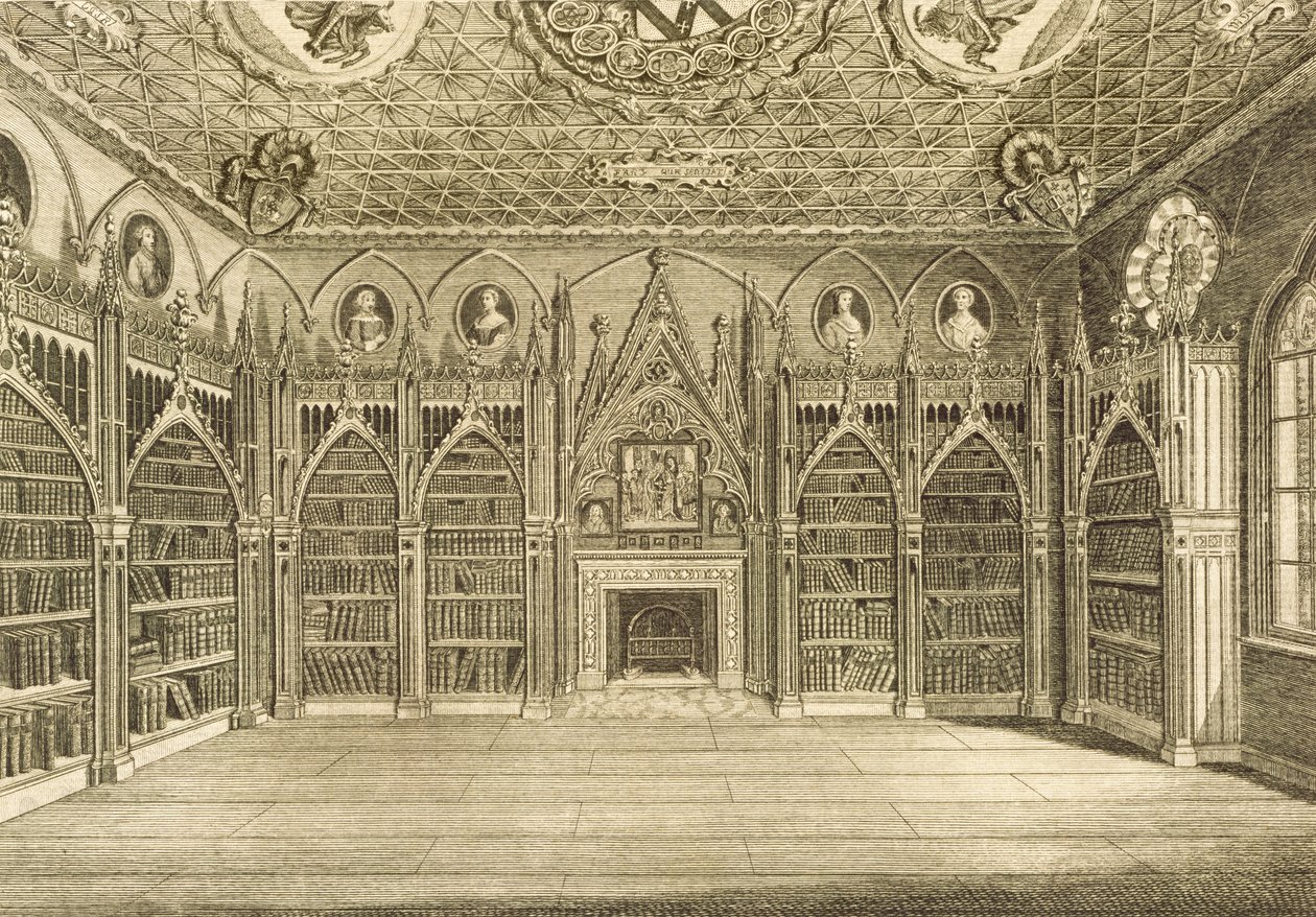 المكتبة ، نقشها جودفري ، من وصف تل الفراولة بقلم هوراس والبول ، 1784 بواسطة مدرسة اللغة الإنجليزية