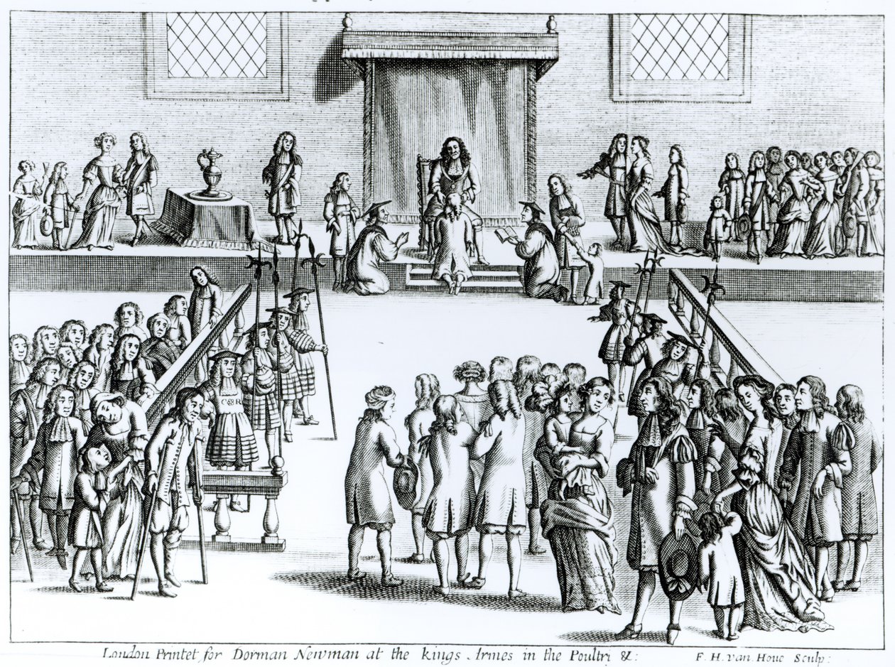 طريقة جلالة علاج المرض الذي يطلق عليه شر الملك ، نقشها فريدريك هندريك فان هوف (c.1628-98) مطبوعة لدورمان نيومان (انظر أيضًا 259707) بواسطة مدرسة اللغة الإنجليزية