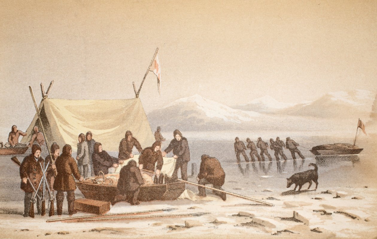 الاجتماع في قناة ويلينغتون ، 14 يونيو 1851 ، رسم توضيحي من رحلة إلى خليج بافينز ومضيق بارو ... ، 1852 (نقش يدوي) بواسطة مدرسة اللغة الإنجليزية