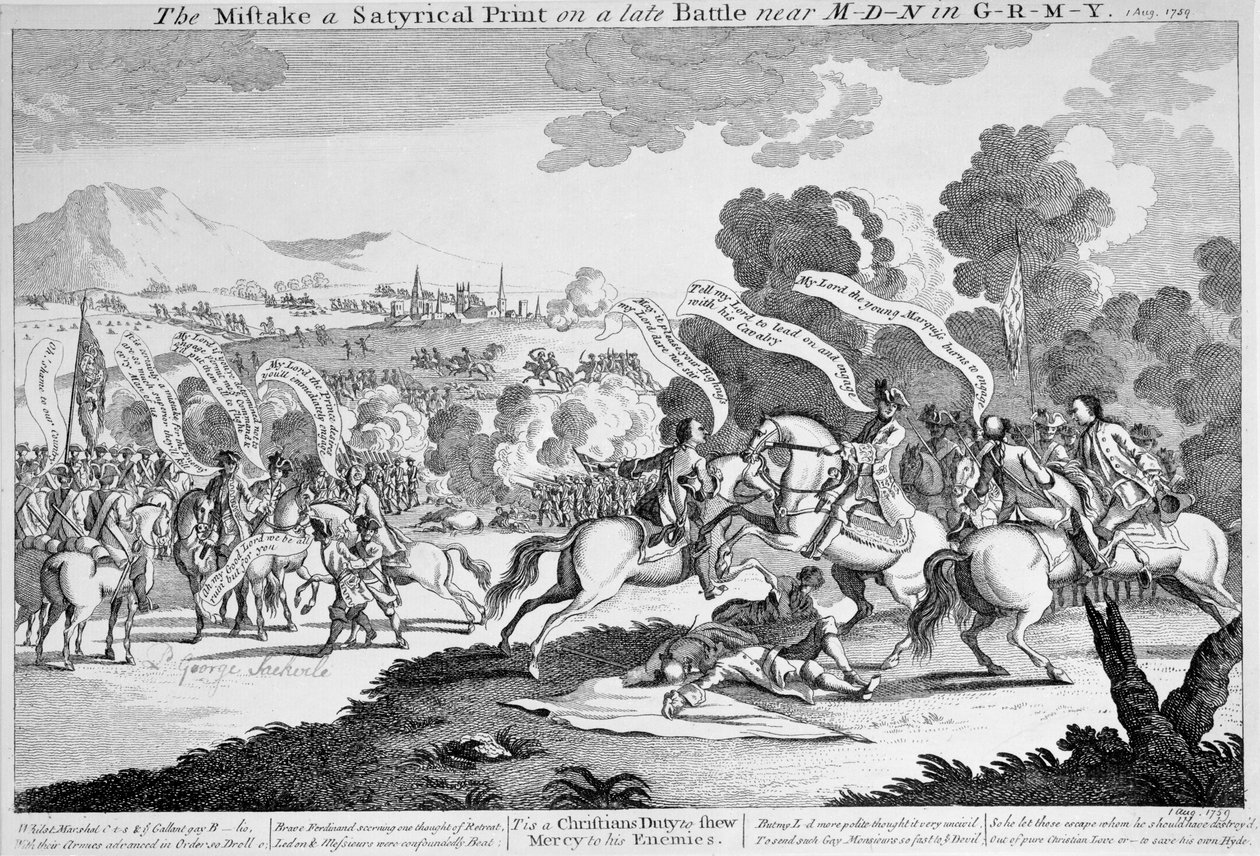الخطأ في طباعة ساتيرية في معركة متأخرة بالقرب من Mdn في Grmy ، حوالي 1759 (حفر) بواسطة مدرسة اللغة الإنجليزية