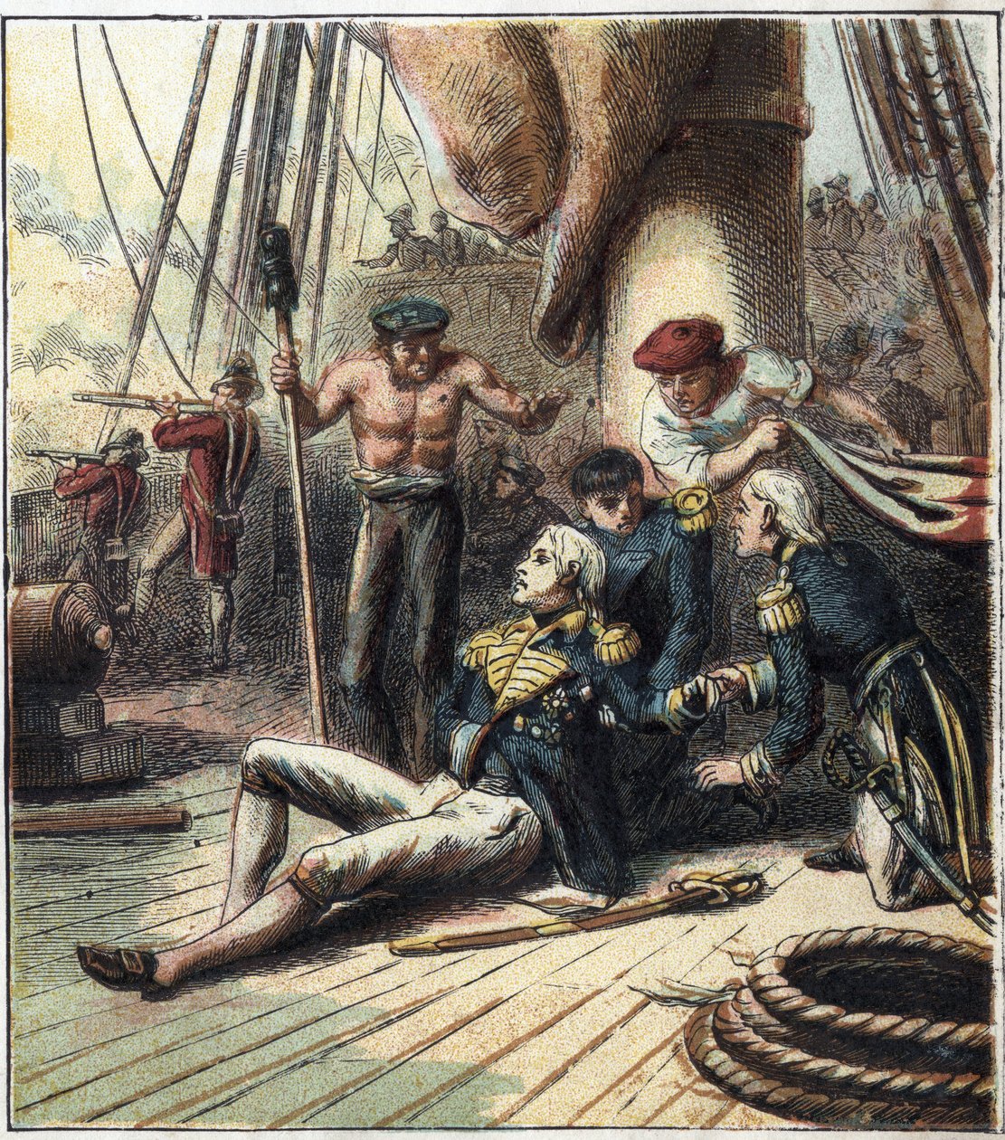 الحرب النابليونية: معركة ترافالغار ، في 21/10/1805 عارضت الأسطول الفرنسي الإسباني بقيادة الأدميرال فيلنوف إلى الأسطول البريطاني بقيادة نائب الأدميرال نيلسون. مات هناك. "معركة ترافالغار بواسطة مدرسة اللغة الإنجليزية
