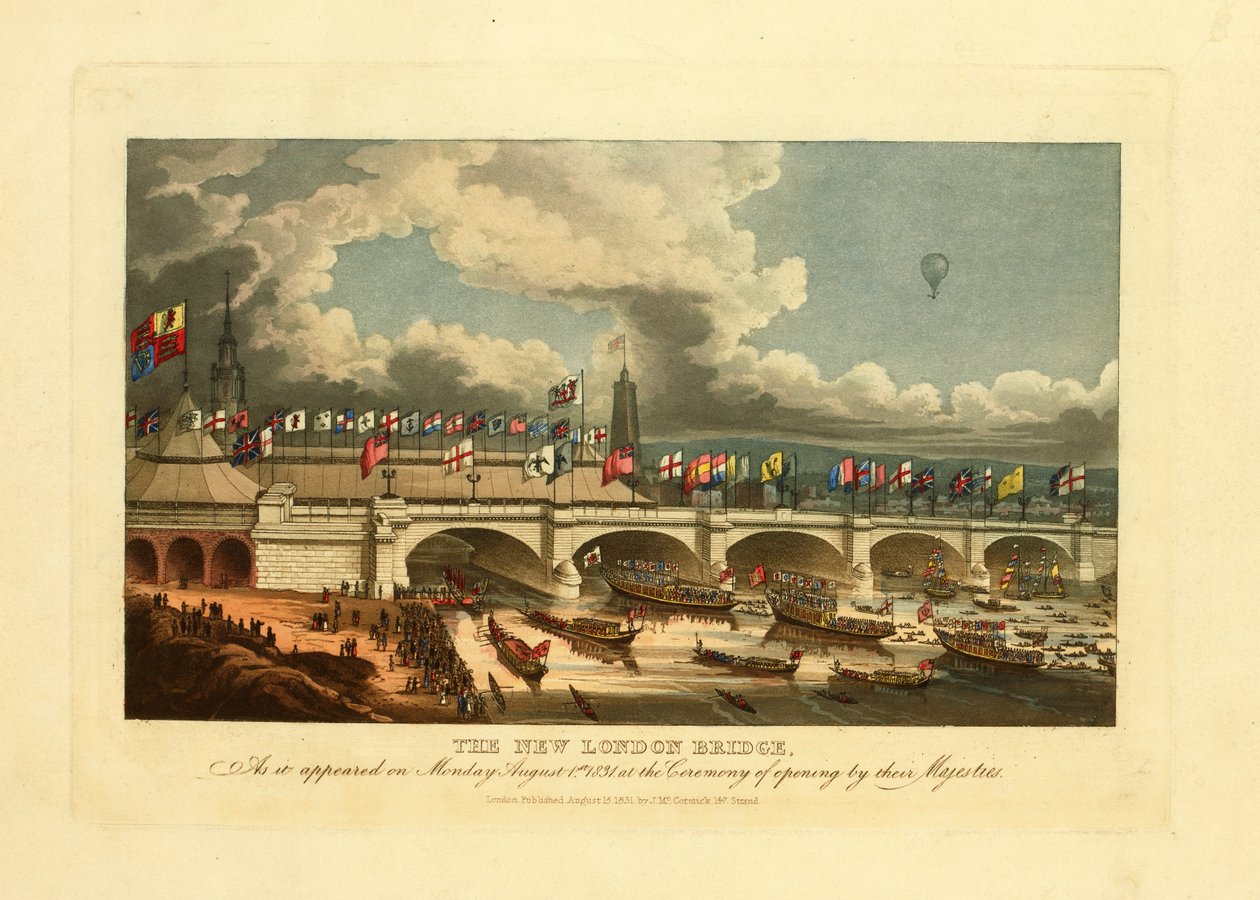 جسر نيو لندن ، كما ظهر يوم الاثنين ، 1 أغسطس 1831 ، في حفل الافتتاح من قبل أصحاب الجلالة ، 1831 بواسطة مدرسة اللغة الإنجليزية