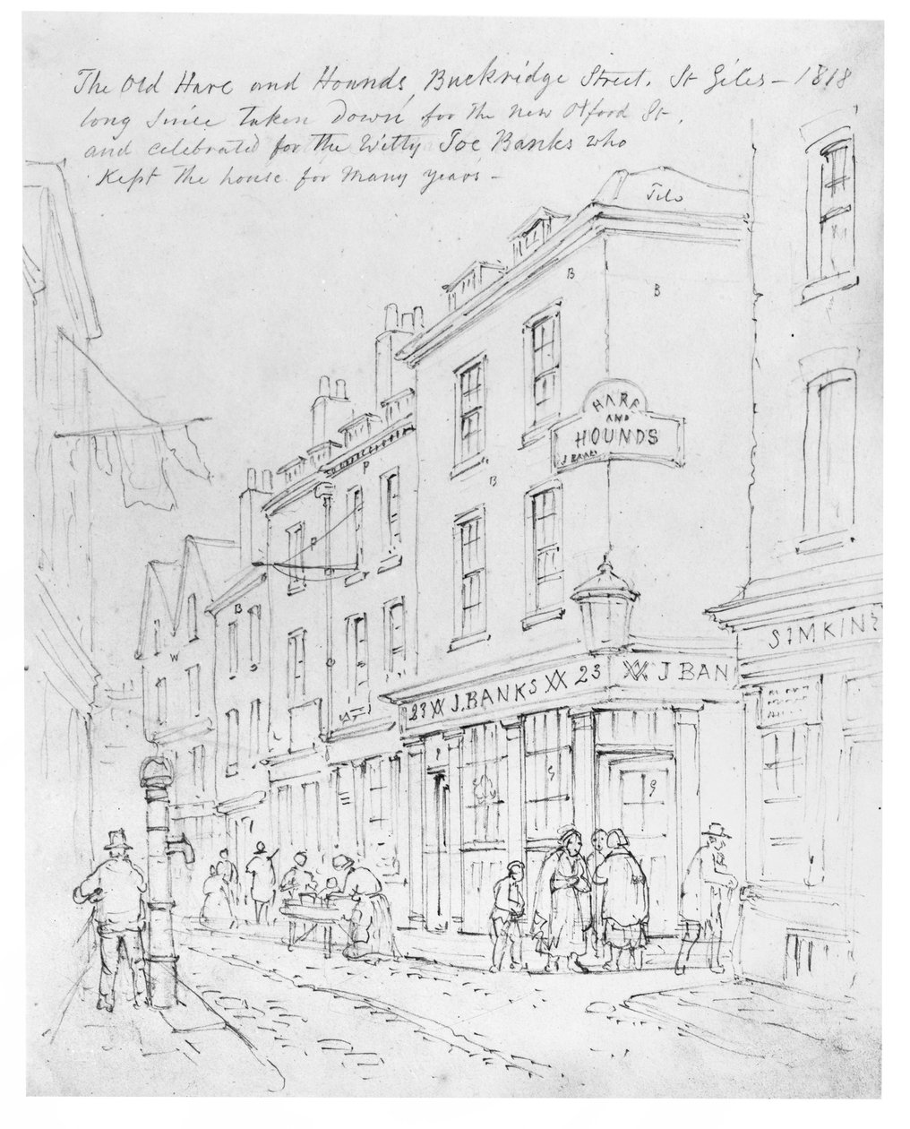 The Old Hare and Hounds ، شارع Buckridge ، St Giles in 1818 (رسم) بواسطة مدرسة اللغة الإنجليزية