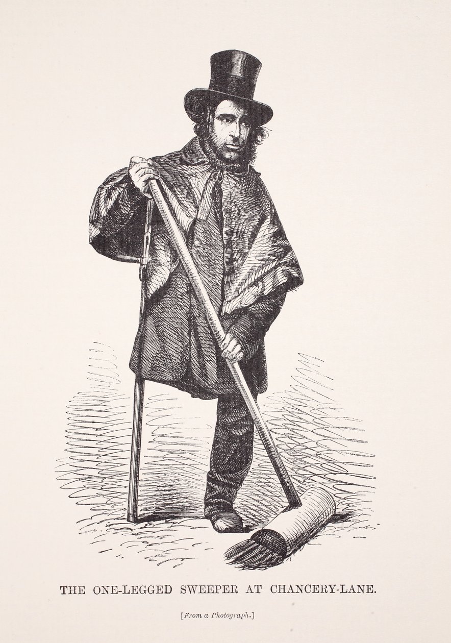 الكناس ذو الأرجل الواحدة في Chancery Lane ، من صورة فوتوغرافية ، التوضيح من London Labour و London Poor بواسطة Henry Mayhew ، الحانة. 1862 بواسطة مدرسة اللغة الإنجليزية