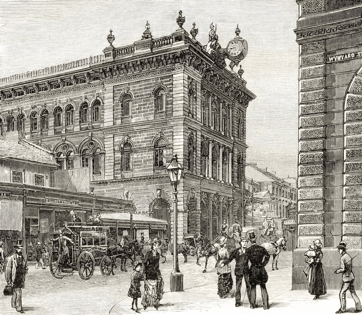 The Post Office، George Street، Sydney، c.1880، from "Australian Pictures" بواسطة Howard Willoughby ، نشرته جمعية المسالك الدينية ، لندن ، 1886 بواسطة مدرسة اللغة الإنجليزية