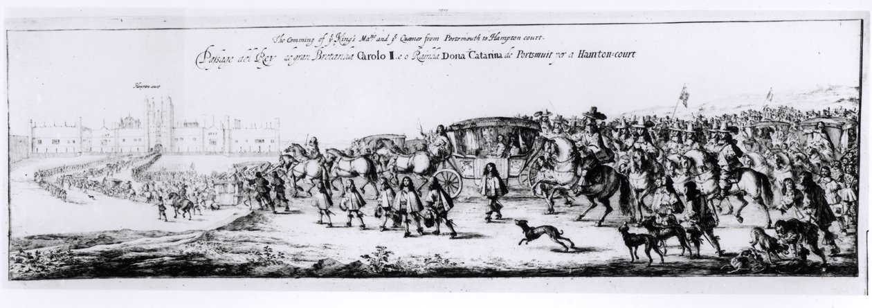 موكب تشارلز الثاني (1630-1685) والملكة الجديدة ، كاثرين براغانزا (1638-1705) من بورتسموث إلى هامبتون كورت ، 1662 بواسطة مدرسة اللغة الإنجليزية