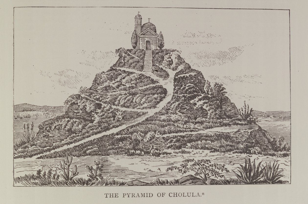 هرم Cholula ، بعد رسم في الترجمة الإسبانية Cumplidos من Prescotts Mexico ، من السرد والتاريخ النقدي لأمريكا ، حانة. عام 1889 بواسطة مدرسة اللغة الإنجليزية
