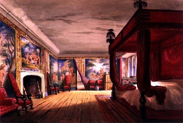 الغرفة الحمراء ، Cotehele House ، حوالي 1830-40 (لون ليثو) بواسطة مدرسة اللغة الإنجليزية