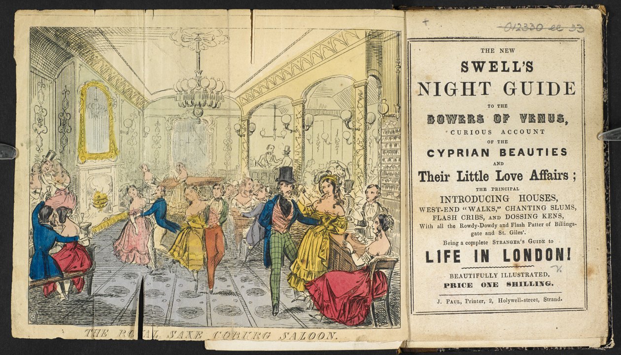 "The Royal Saxe Coburg Saloon". مجموعة من الناس يرقصون ويأكلون ويشربون ، "الدليل الليلي الجديد المنتفخ إلى تعريشات كوكب الزهرة ... دليل غريب تمامًا للحياة في لندن!" بواسطة مدرسة اللغة الإنجليزية