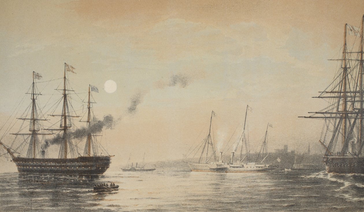 يخت رويال قبالة مارجيت مساء الخامس من مارس 1863 ، من نصب تذكاري لزواج إدوارد السابع وألكسندرا من الدنمارك ، حانة. 1864 بواسطة مدرسة اللغة الإنجليزية