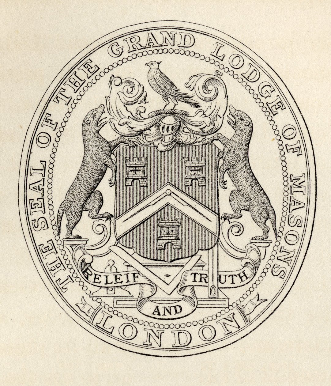 ختم جراند لودج من الماسونيين ، لندن ، قبل عام 1813 ، من "تاريخ الماسونية ، المجلد الثاني" ، نشره توماس سي.جاك ، لندن ، 1883 بواسطة مدرسة اللغة الإنجليزية