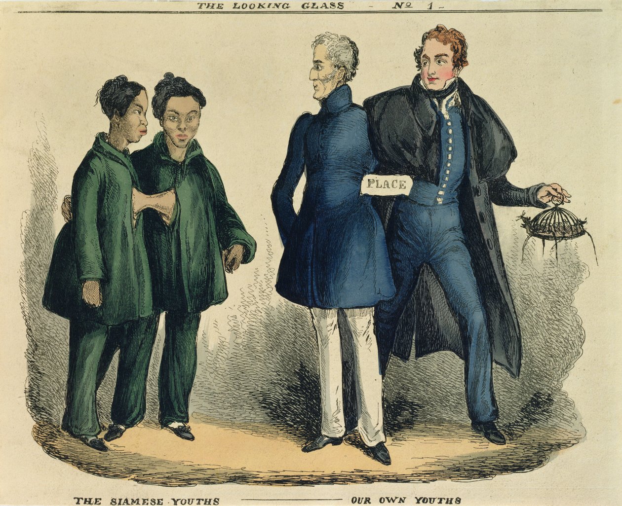 شباب سيامي - شبابنا ، كارتون ساخر من The Looking Glass ، c.1829 (النقش الملون) بواسطة مدرسة اللغة الإنجليزية