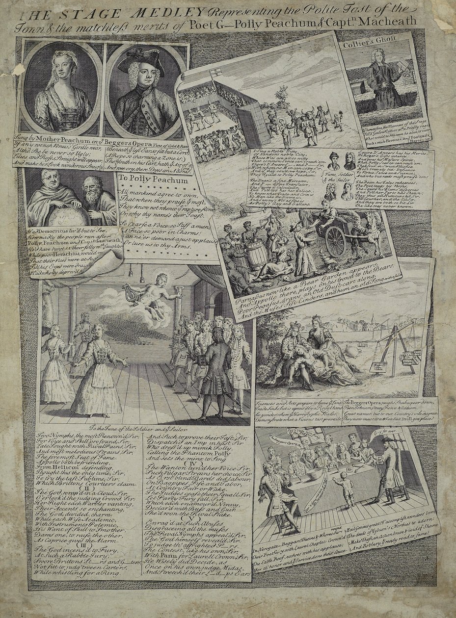 The Stage Medley يمثل الذوق المهذب للمدينة والميزات التي لا مثيل لها للشاعر G. ، Polly Peachum و Captain Macheath ، c.1728 بواسطة مدرسة اللغة الإنجليزية
